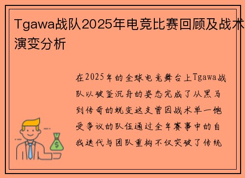 Tgawa战队2025年电竞比赛回顾及战术演变分析